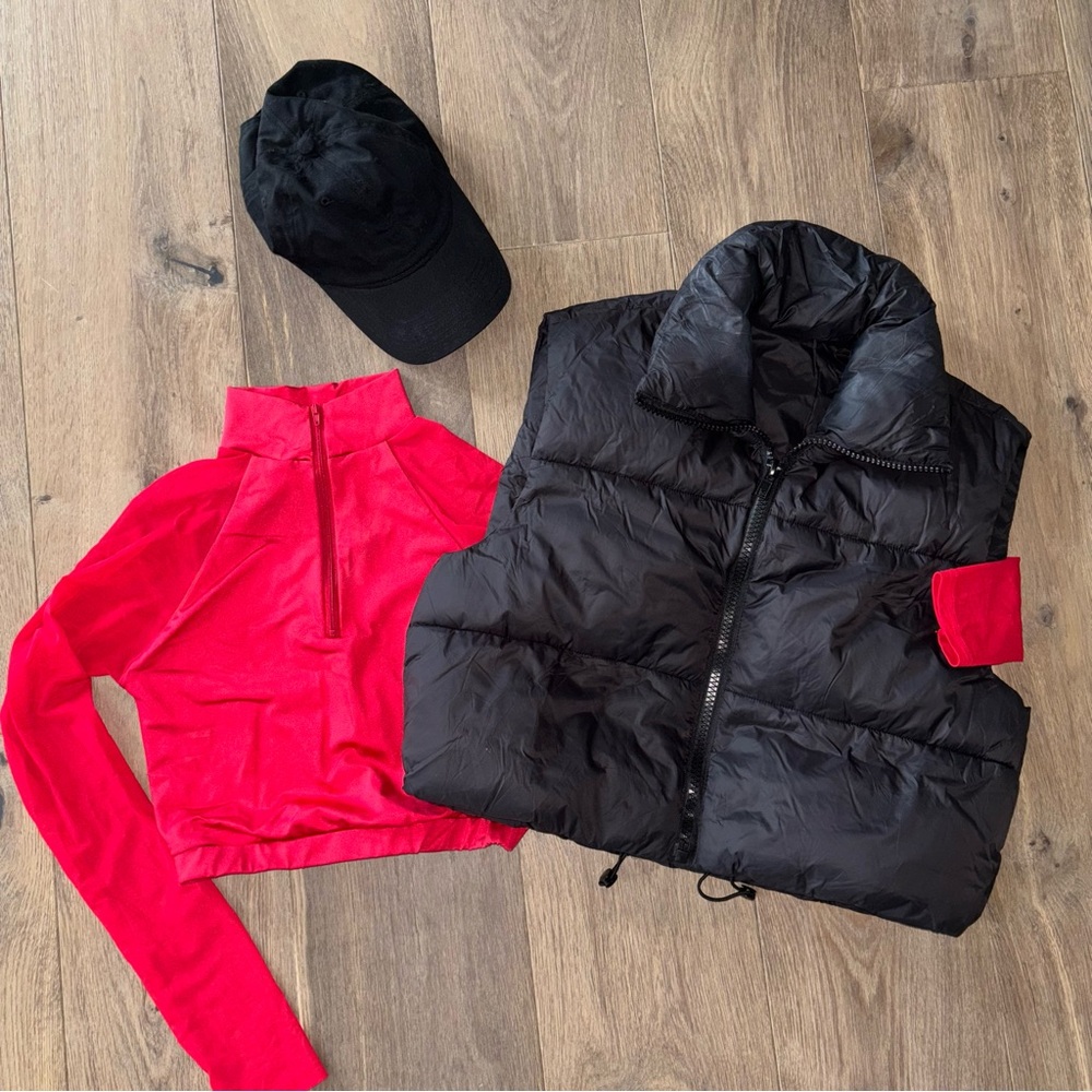 Weissman Red Crop Top Black Quilted Puffer Vest, Cap, hip hop dance costume MA